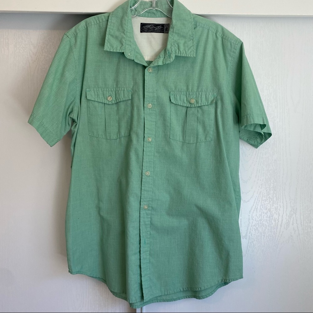 Retrofit green checked button down short sleeve men’s shirt casual